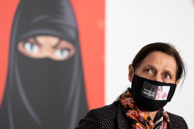 Monika Ruegsegger-Hurschler, National Councillor SVP, gives an interview at the meeting place of the supporters of the initiative to ban face coverings
