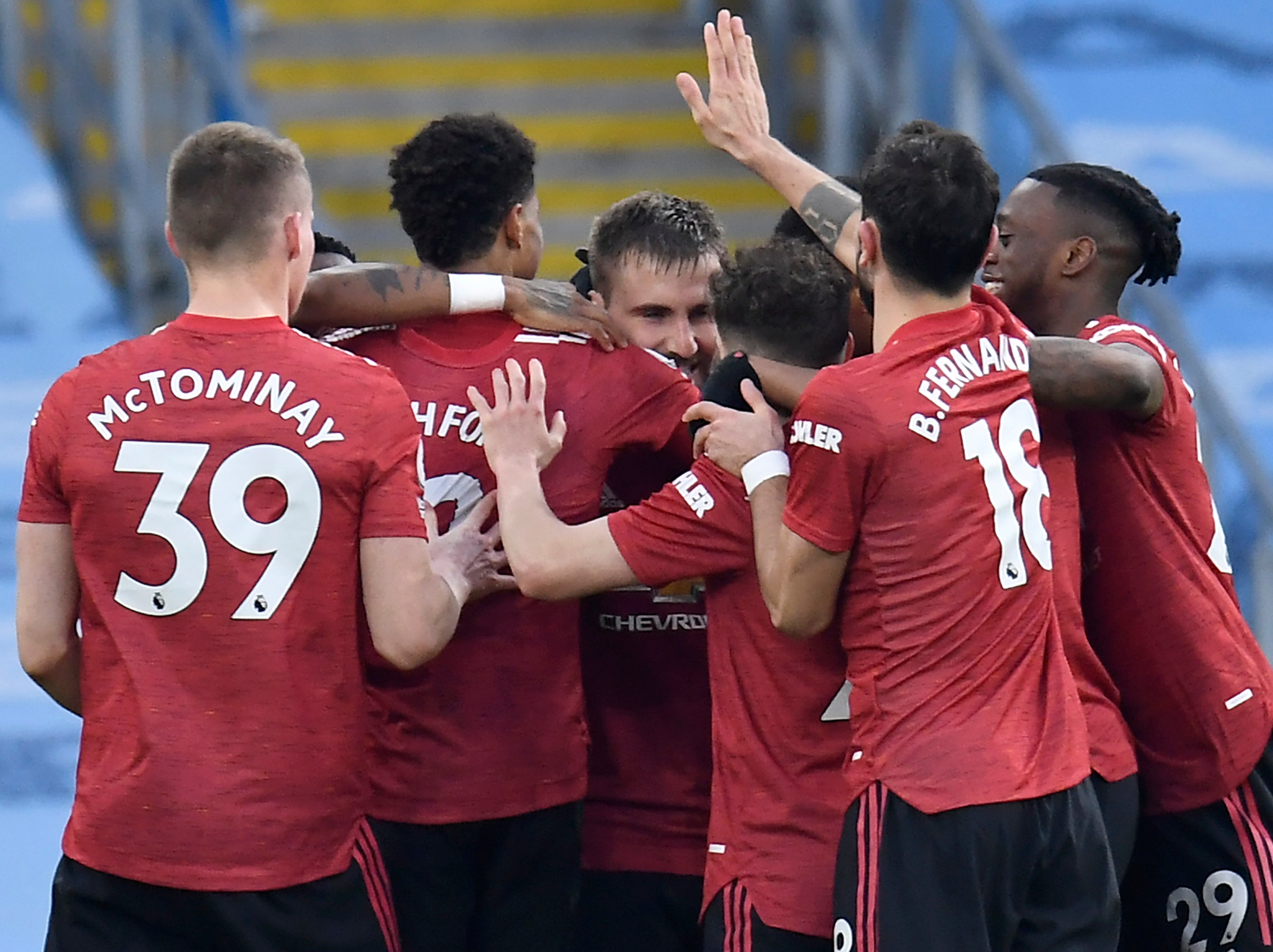 <p>Manchester United celebrate Luke Shaw’s goal</p>