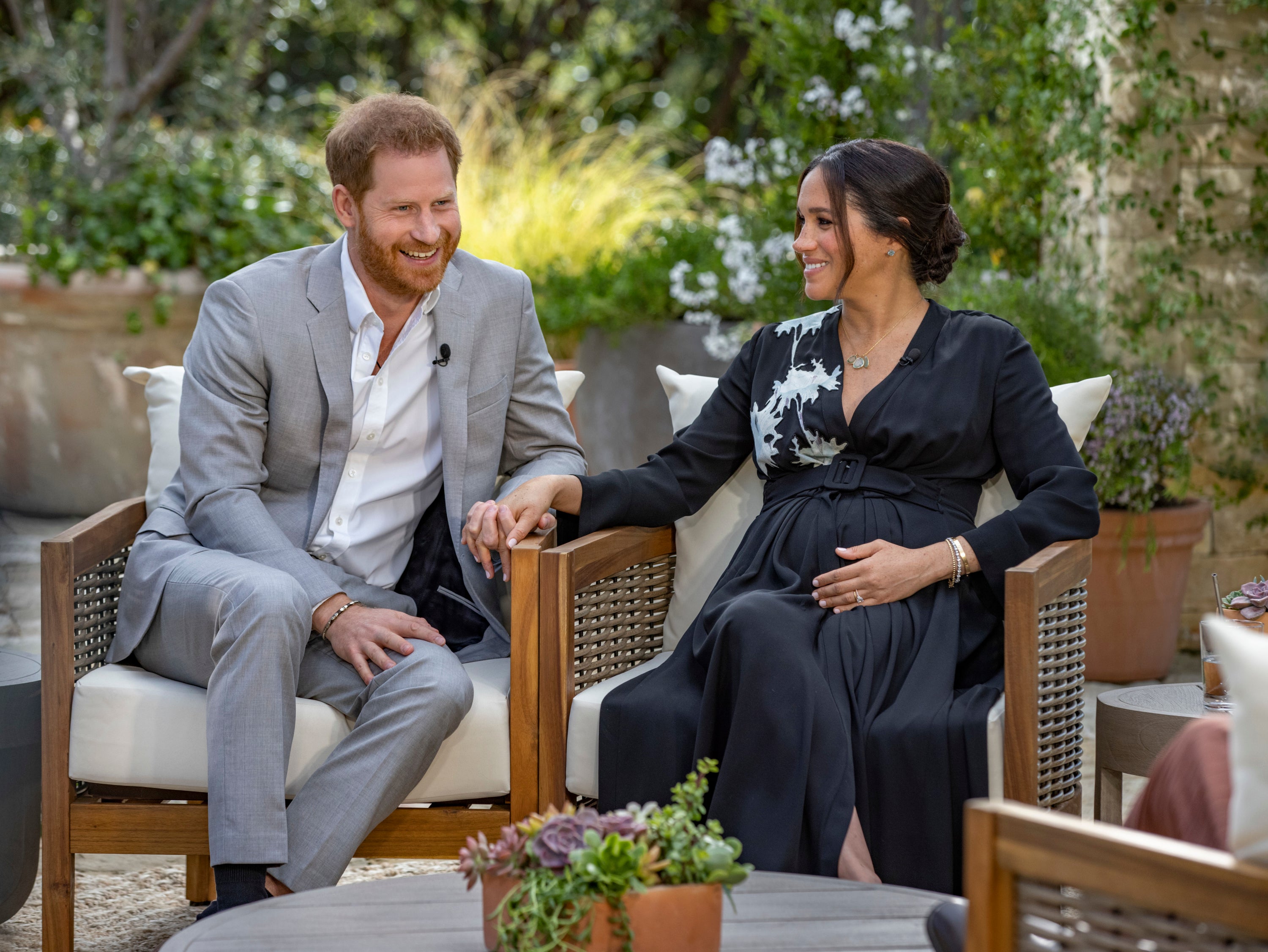 <p>This image provided by Harpo Productions shows Prince Harry, left, and Meghan, Duchess of Sussex, speaking about expecting their second child during an interview with Oprah Winfrey</p>