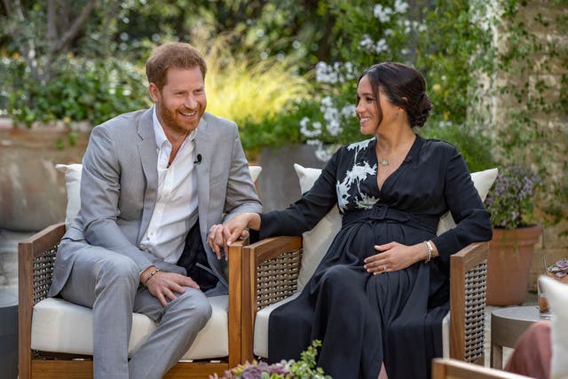 <p>This image provided by Harpo Productions shows Prince Harry, left, and Meghan, Duchess of Sussex, speaking about expecting their second child during an interview with Oprah Winfrey</p>