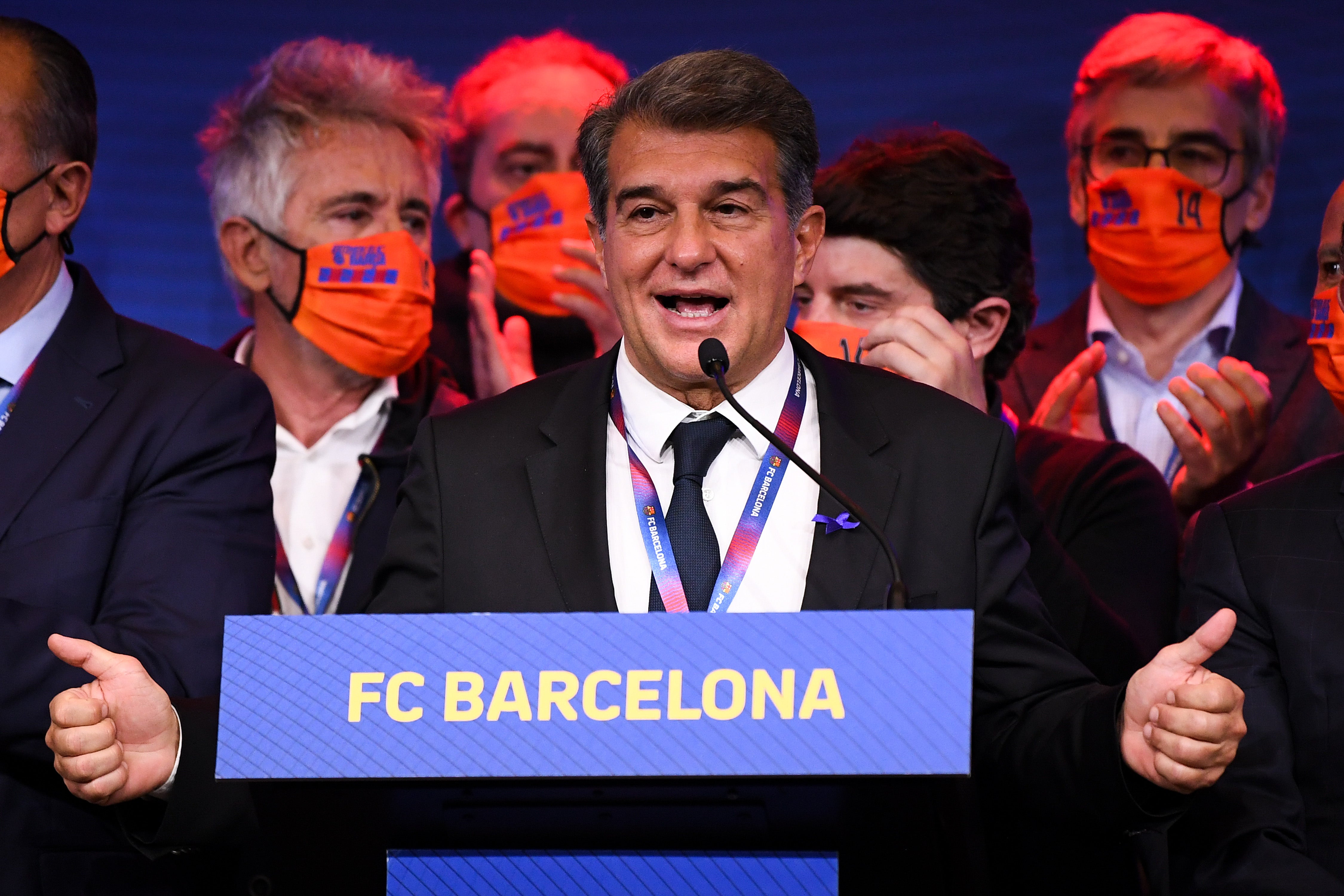 Joan Laporta celebrates during a press conference following his victory
