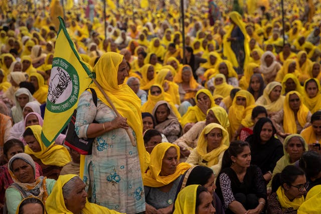 <p>Women farmers attend a protest against farm laws on the occasion of International Women’s Day at Bahadurgar, India</p>