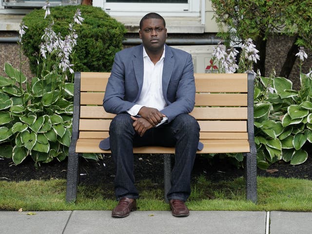 Mondaire Jones poses outside his home in Nyack, New York, July 23, 2020. 