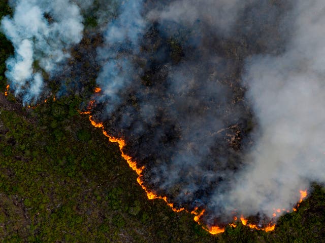 A fire at the Chapada Diamantina region, between the cities of Andarai and Mucuge, in Bahia state, northeastern Brazil, on October 7, 2020