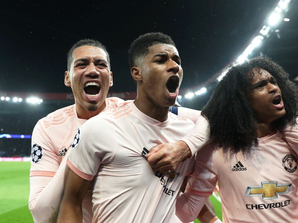 Marcus Rashford celebrates completing Manchester United’s comeback against PSG in 2019