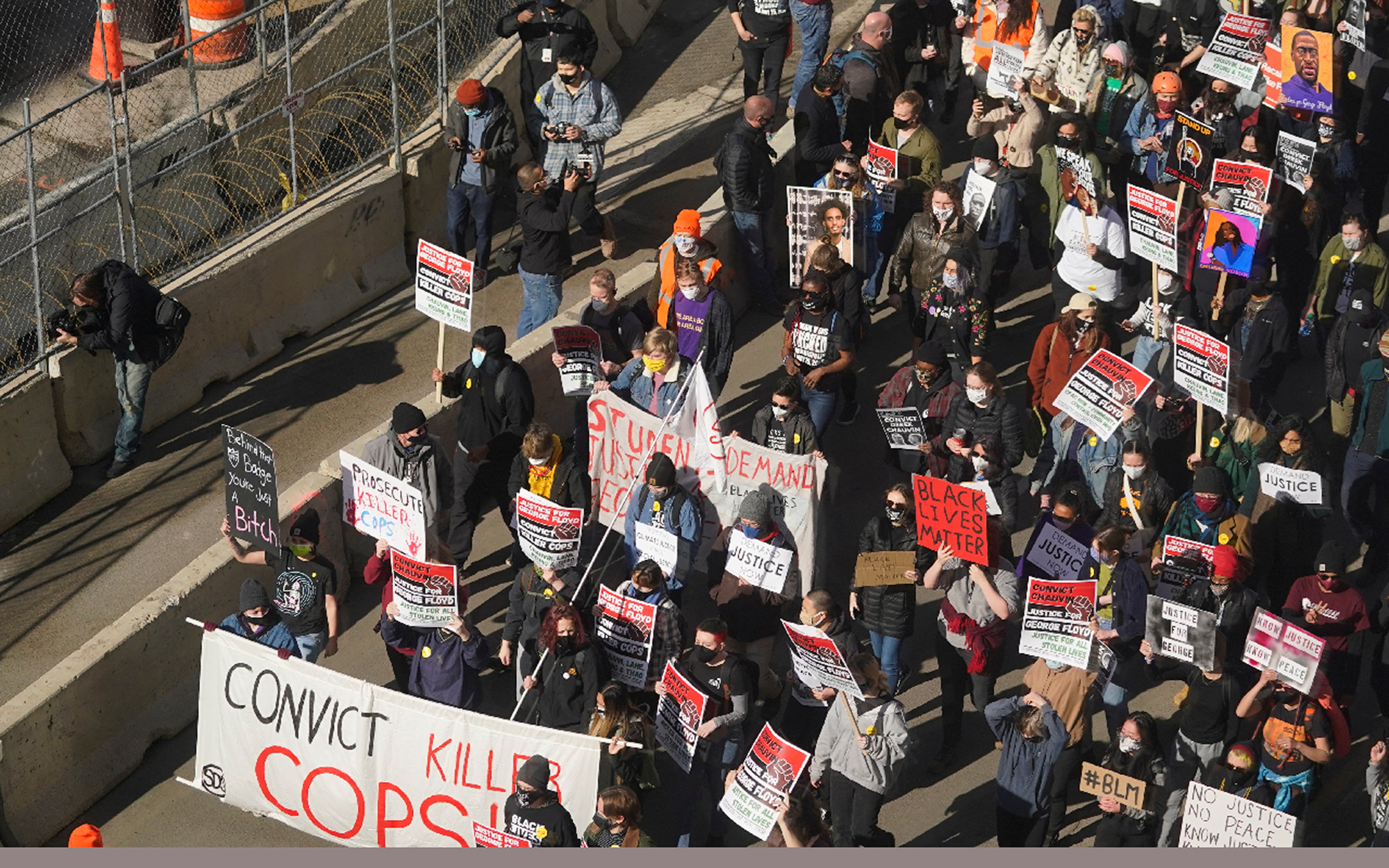 <p>Hundreds of demonstrators march through Minneapolis following protests near the Hennepin County Government Center on 8 March 2021, in Minneapolis where the trial for former Minneapolis police officer Derek Chauvin began with jury selection. </p>