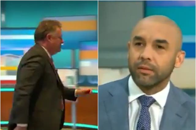 Piers Morgan walking off set (left) following criticism from Alex Beresford (right) on Good Morning Britain