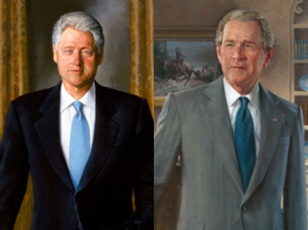 <p>El presidente Joe Biden ha reinstalado los retratos presidenciales oficiales de los ex presidentes George W. Bush y Bill Clinton en su lugar prominente en la Casa Blanca</p>