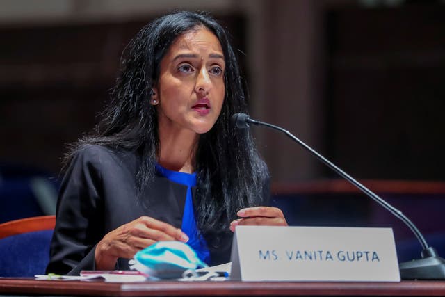 <p>President of the Leadership Conference on Civil and Human Rights Vanita Gupta speaks during the House Judiciary Committee hearing on Policing Practices and Law Enforcement Accountability at the U.S. Capitol in Washington, DC, U.S. June 10, 2020. Michael Reynolds/Pool via REUTERS/File Photo</p>