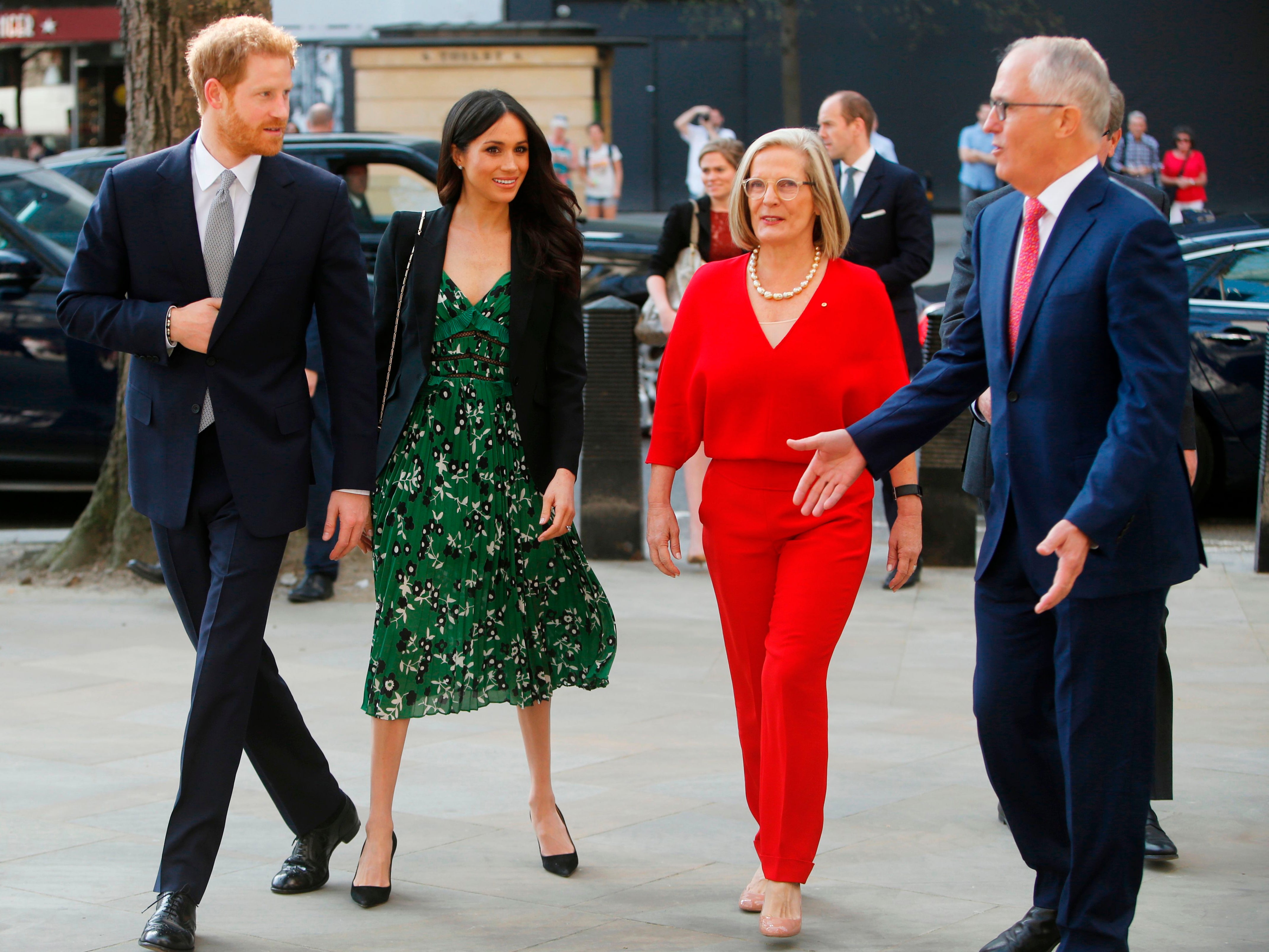 Prince Harry and Meghan Markle with Australian former prime minister Malcolm Turnbull (far right) and his wife Lucy Turnbull (second from right) in 2018