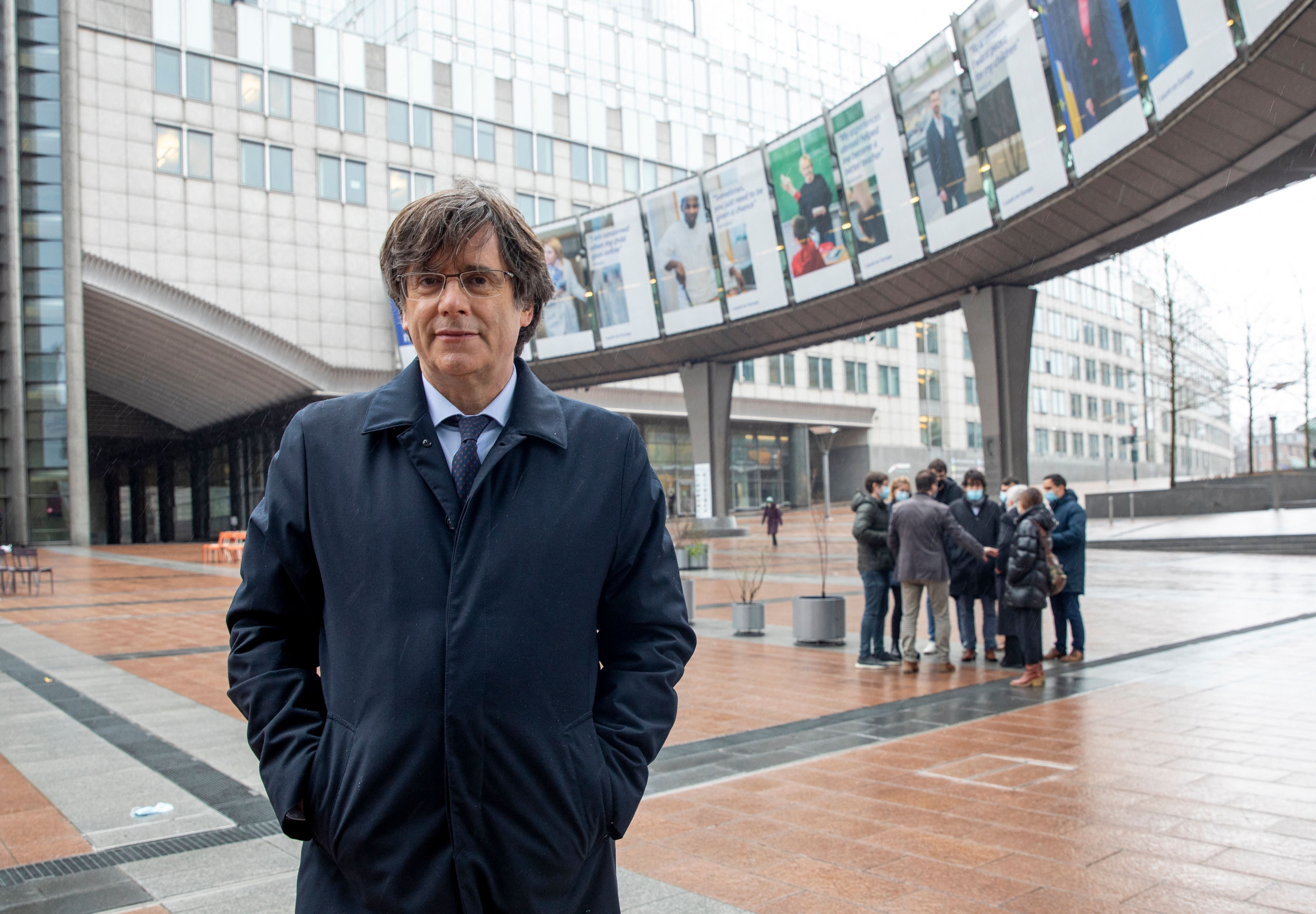 Carles Puigdemont outside the EU parliament building in Brussels