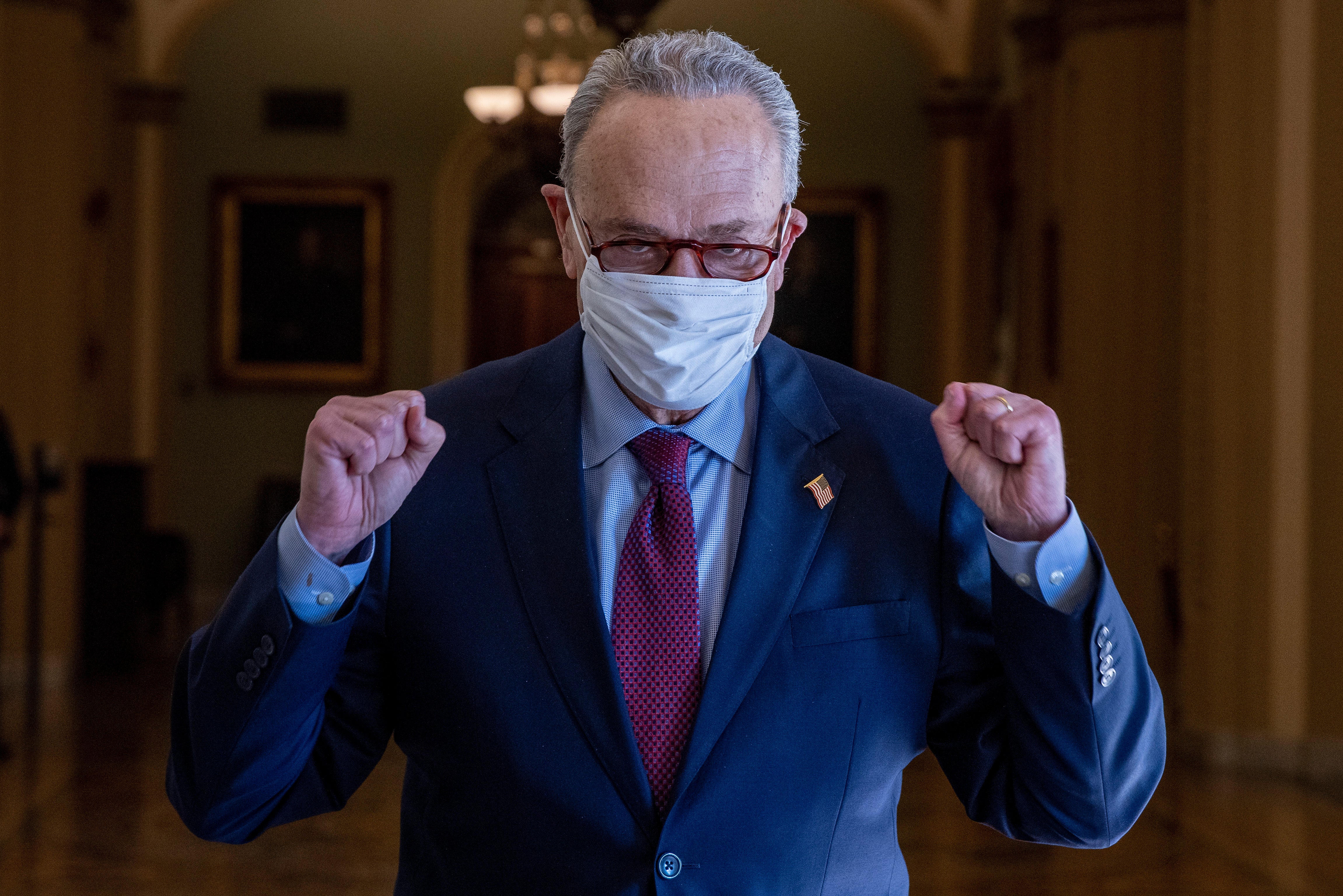 <p>Schumer exhortó a sus compañeros demócratas a unirse a él en una campaña publicitaria para la histórica legislación de ayuda pandémica.</p>