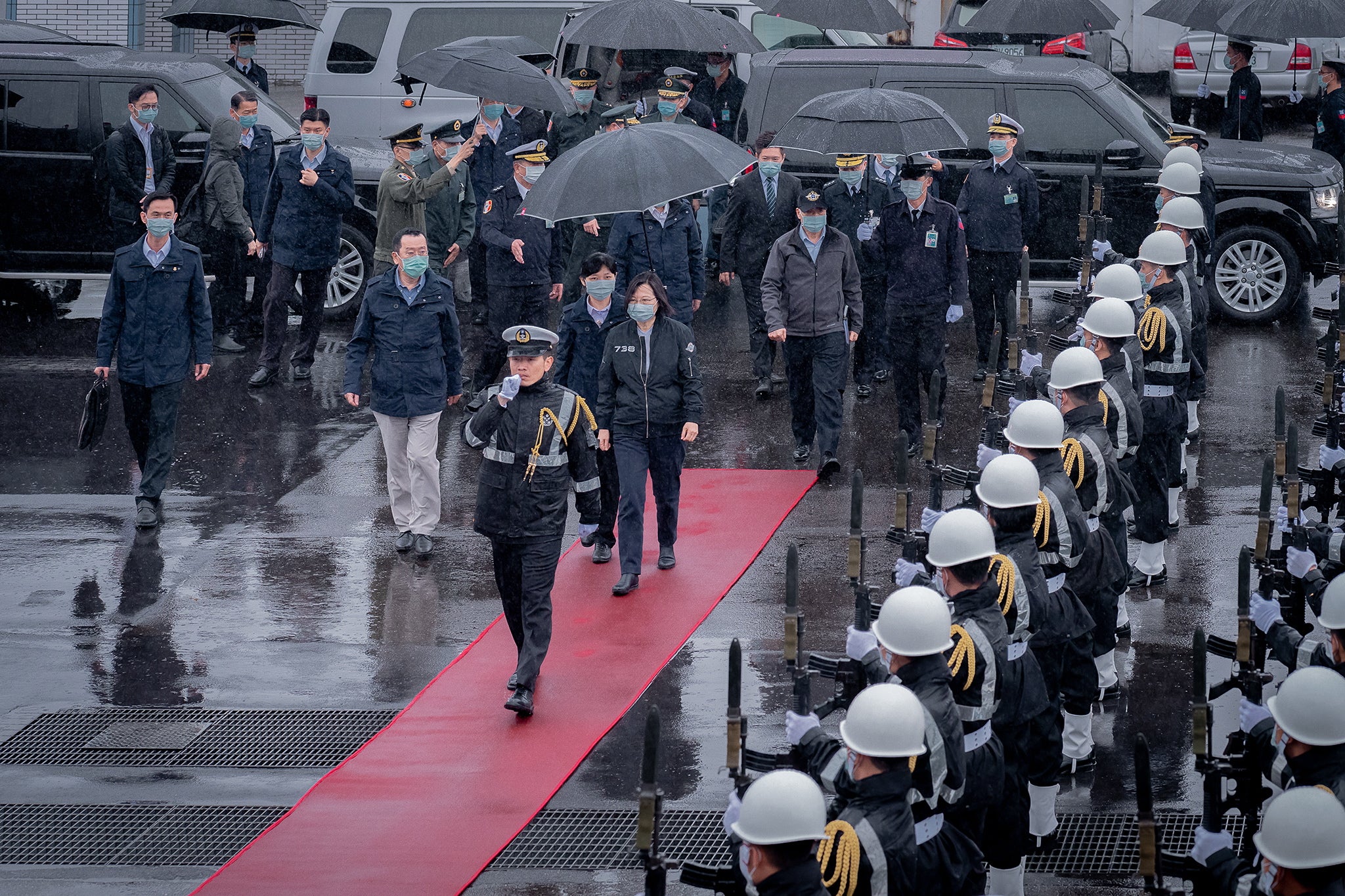 President Tsai Ing-wen arriving for a visit to a naval base in Keelung, Taiwan on 8 March, where she vowed not to lose 'any single inch' of territory amid renewed threats from China