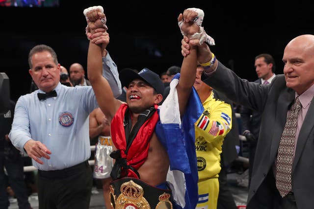 <p>Roman Gonzalez celebrates after beating Khalid Yafai</p>