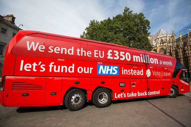 <p>The Vote Leave battle bus outside parliament in 2016</p>