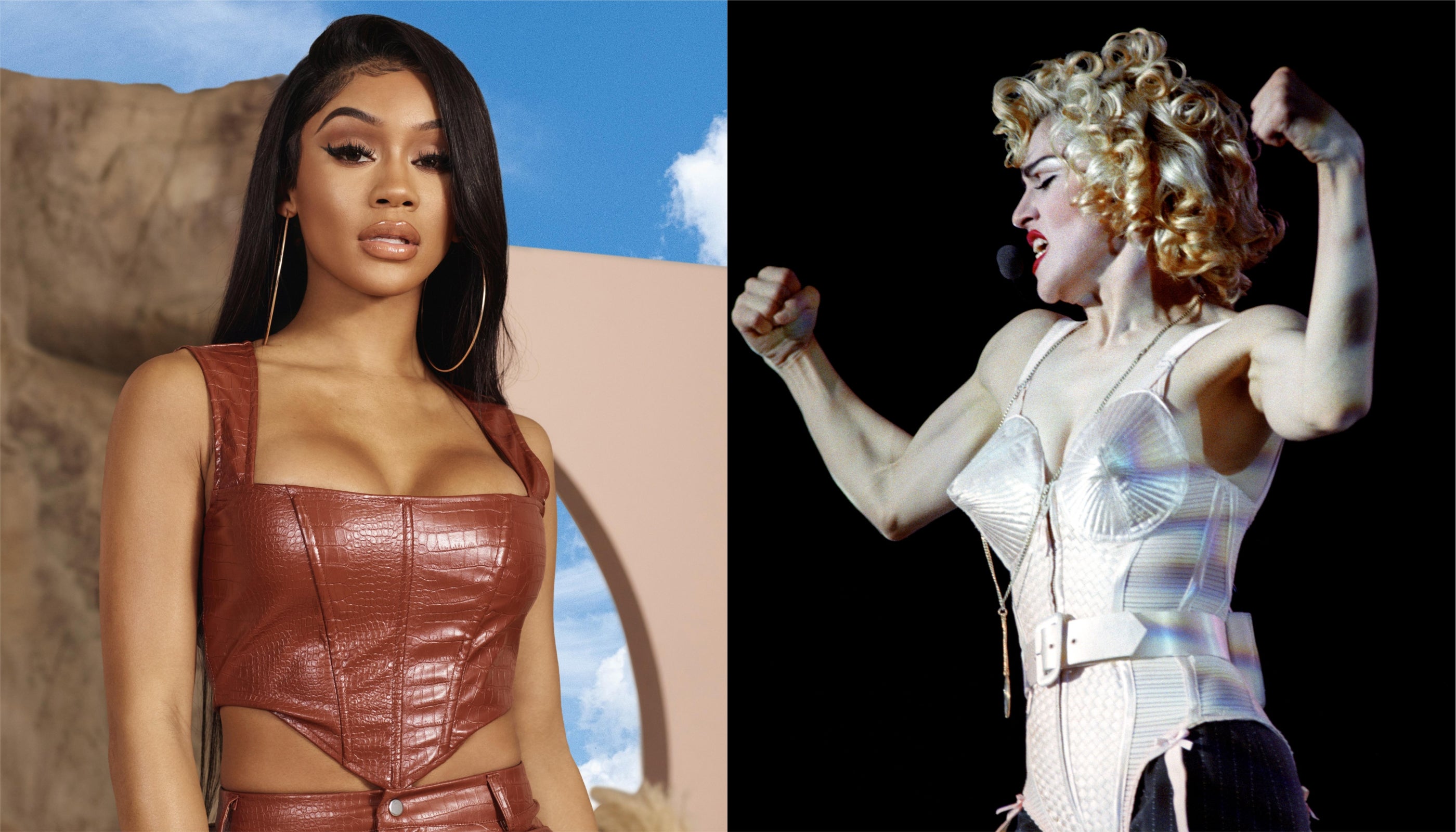 Saweetie and Madonna wearing corsets