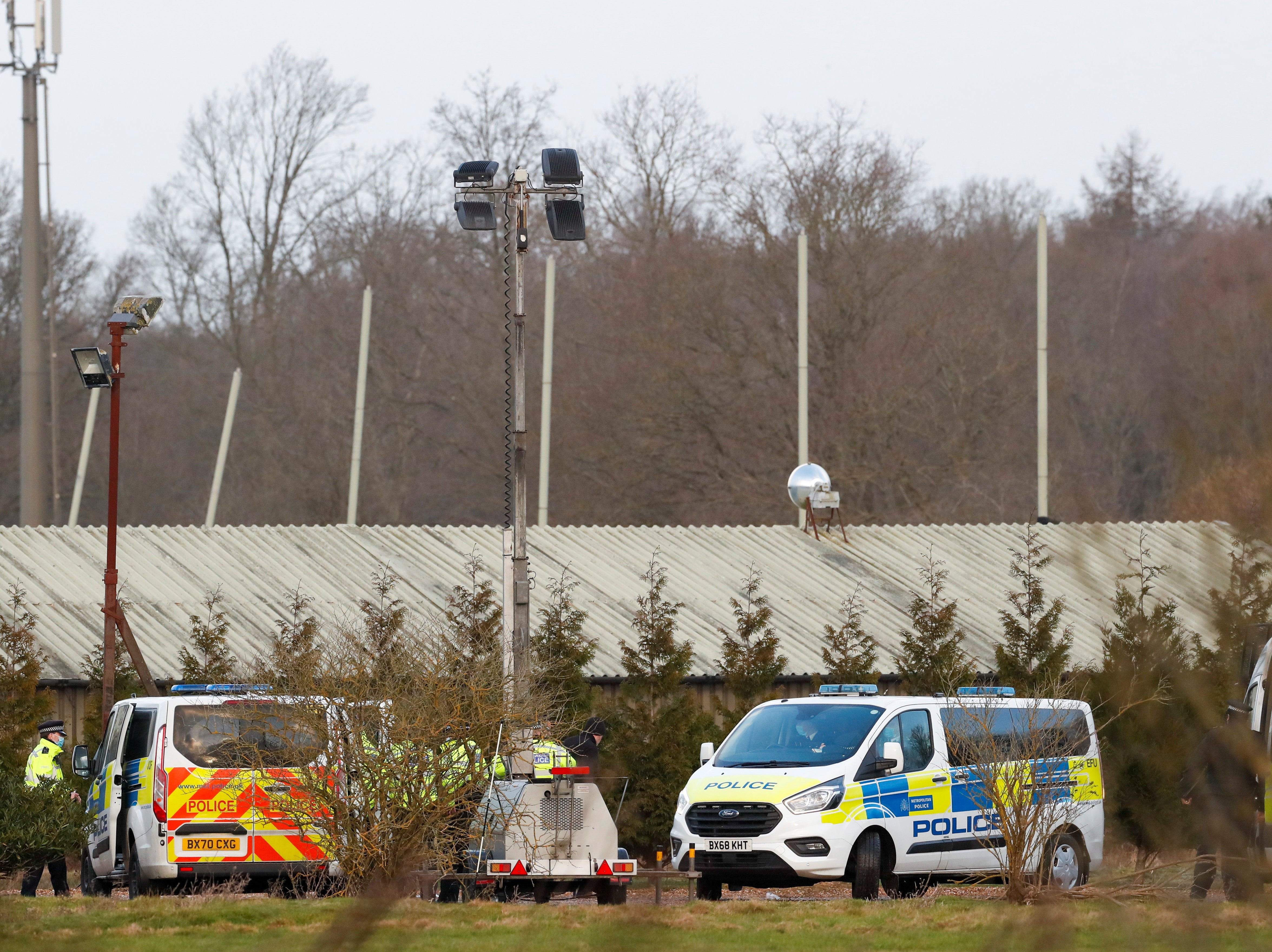 Police at the disused Great Chart Golf & Leisure Country Club in Kent on Thursday after human remains were found in woodland in the search for missing Sarah Everard