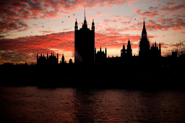 <p>The sun sets behind the Victoria Tower at the Palace of Westminster, home to the Houses of Parliament</p>