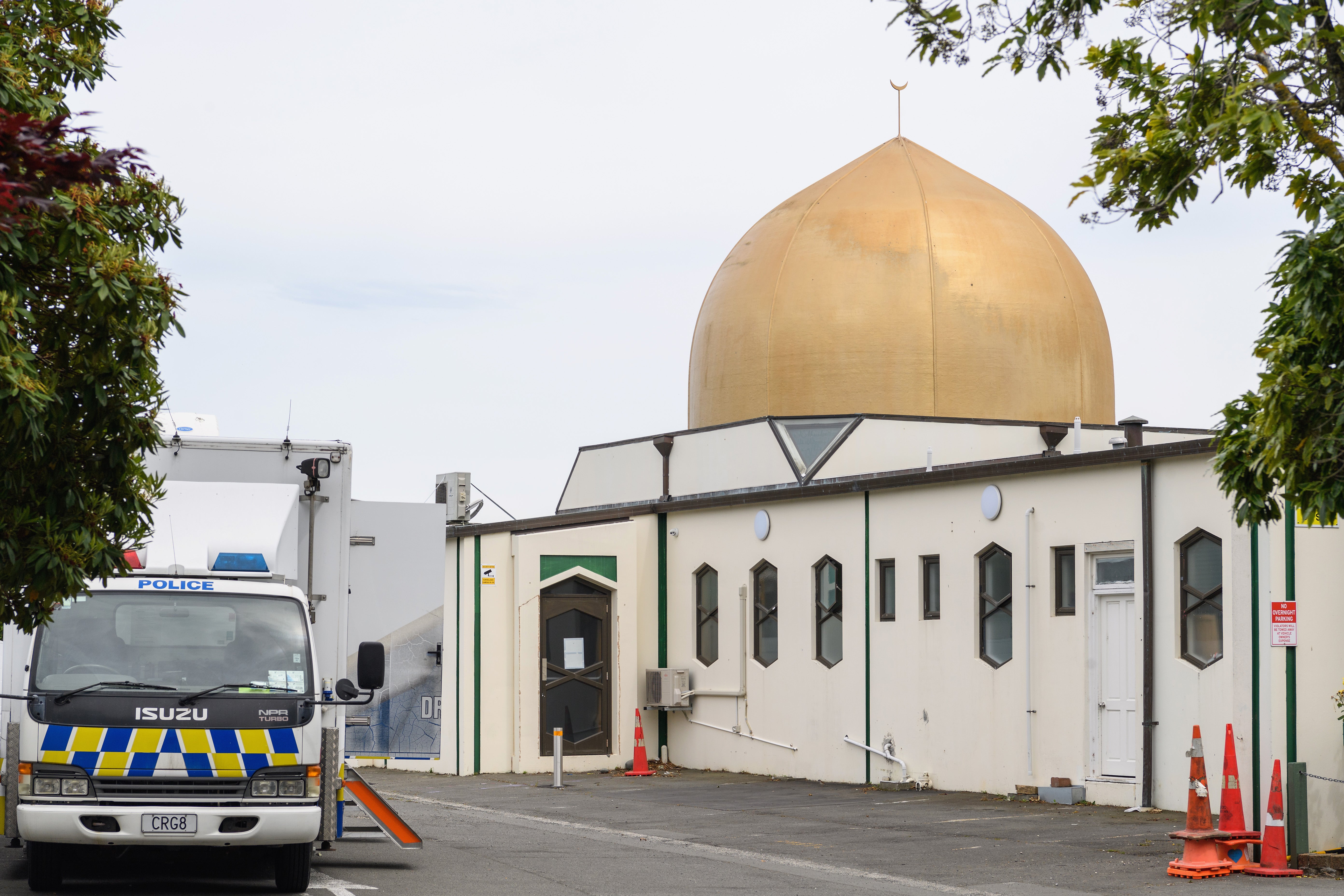 A police vehicle is seen in front of Al Noor Mosque