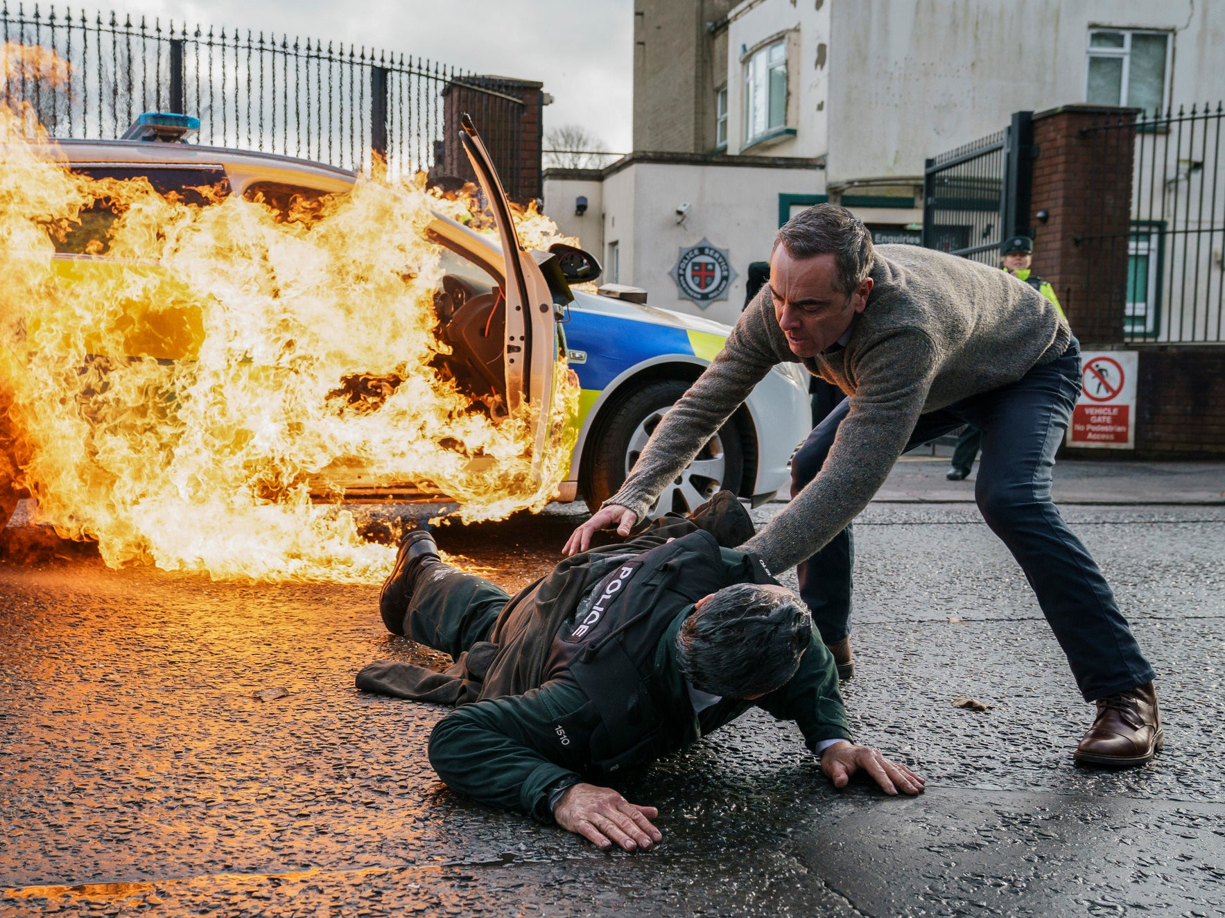 Fire in the hole: A police car is set ablaze in the opening episode of Bloodlands