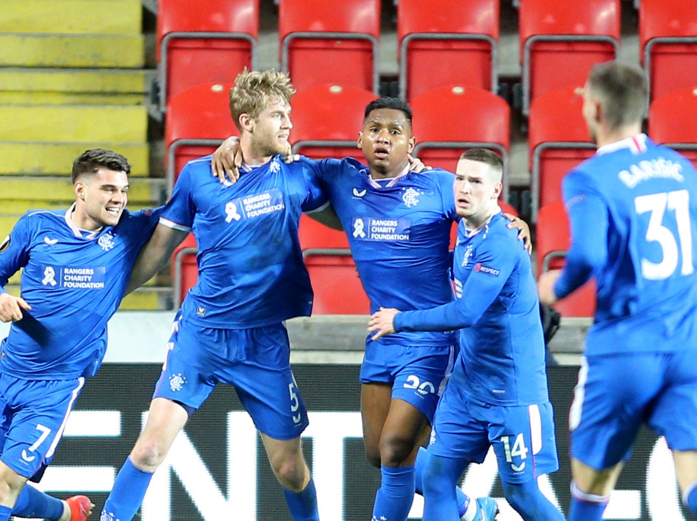 Filip Helander (second left) scored Rangers’ equaliser against Slavia Prague