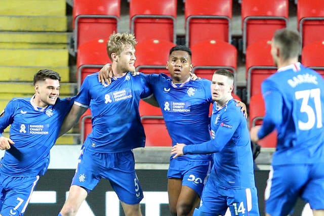 Filip Helander (second left) scored Rangers’ equaliser against Slavia Prague