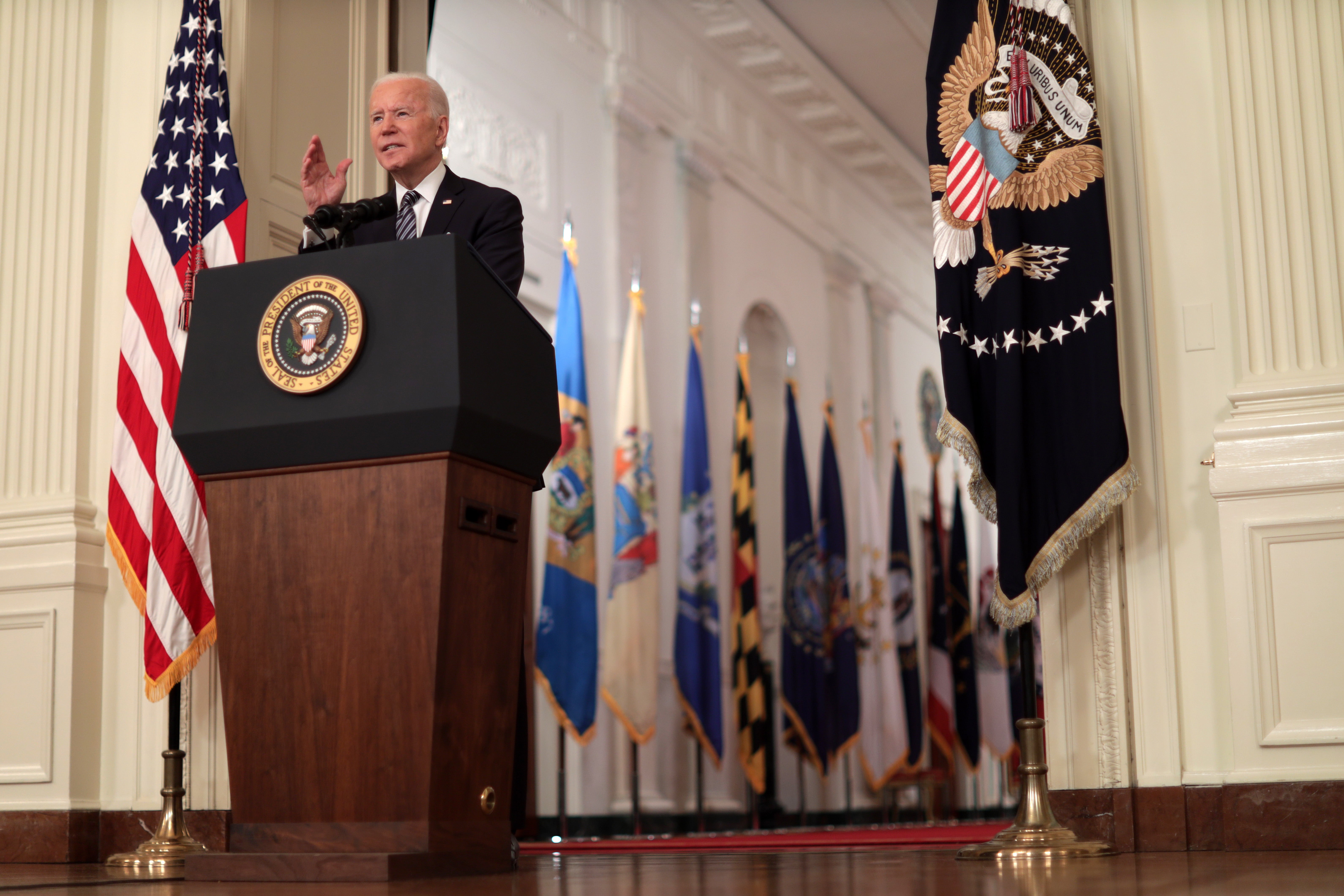 Joe Biden delivered his first primetime address as president on the one-year anniversary of the World Health Organisation announcing Covid as a global pandemic.