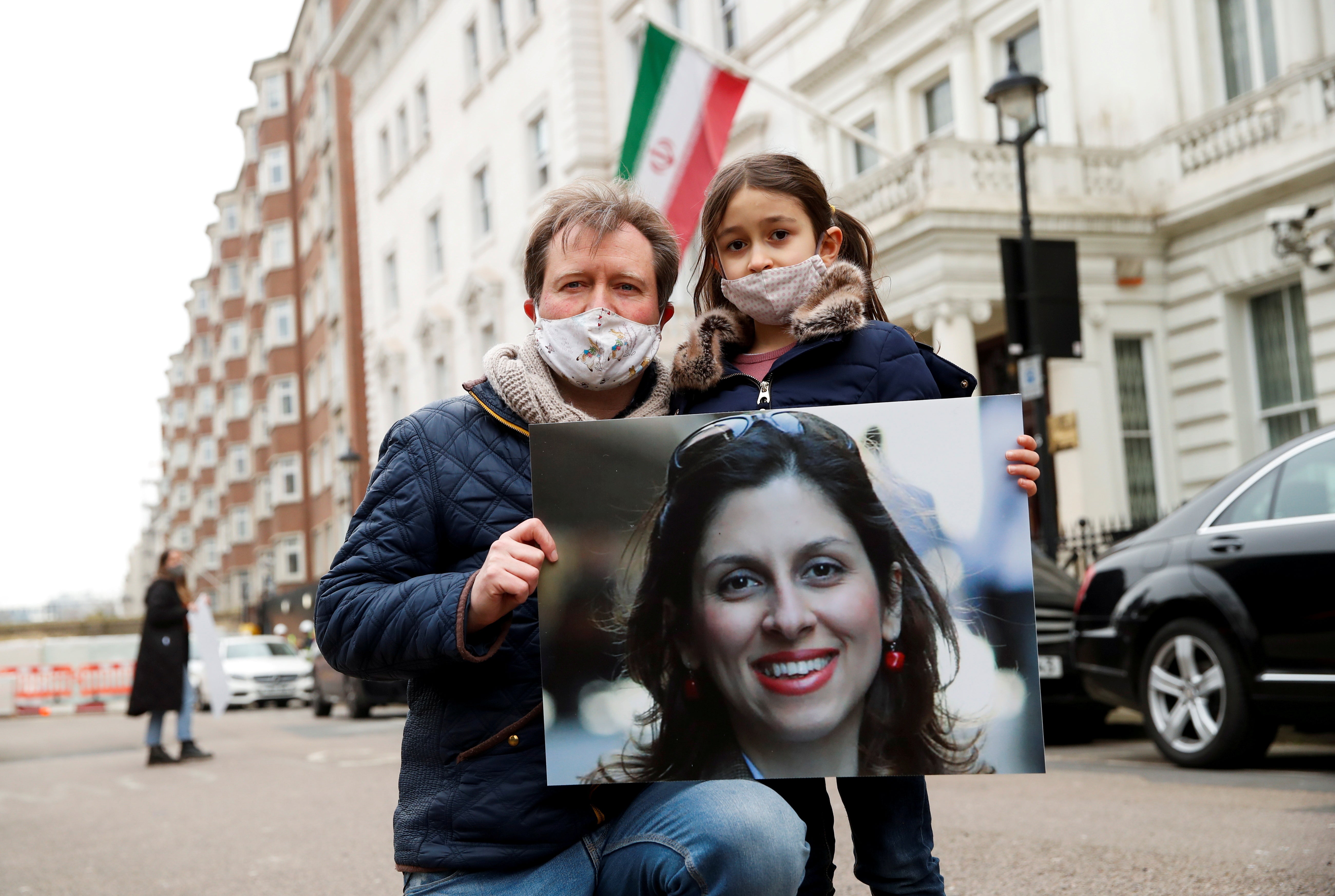 File image: Richard Ratcliffe, husband of British-Iranian aid worker Nazanin Zaghari-Ratcliffe, and their daughter Gabriella protest outside the Iranian Embassy in London