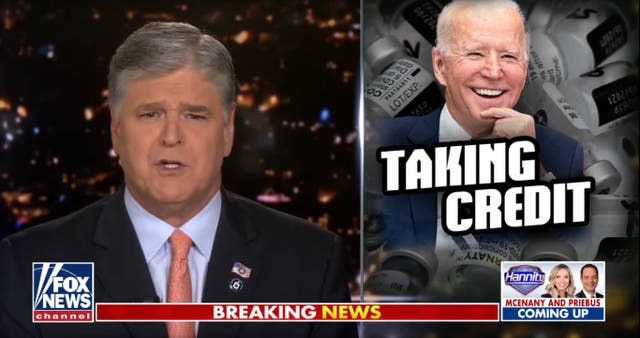 <p>Fox News’s Sean Hannity asked Joe Biden to stop taking credit for Donald Trump’s work on Covid</p>