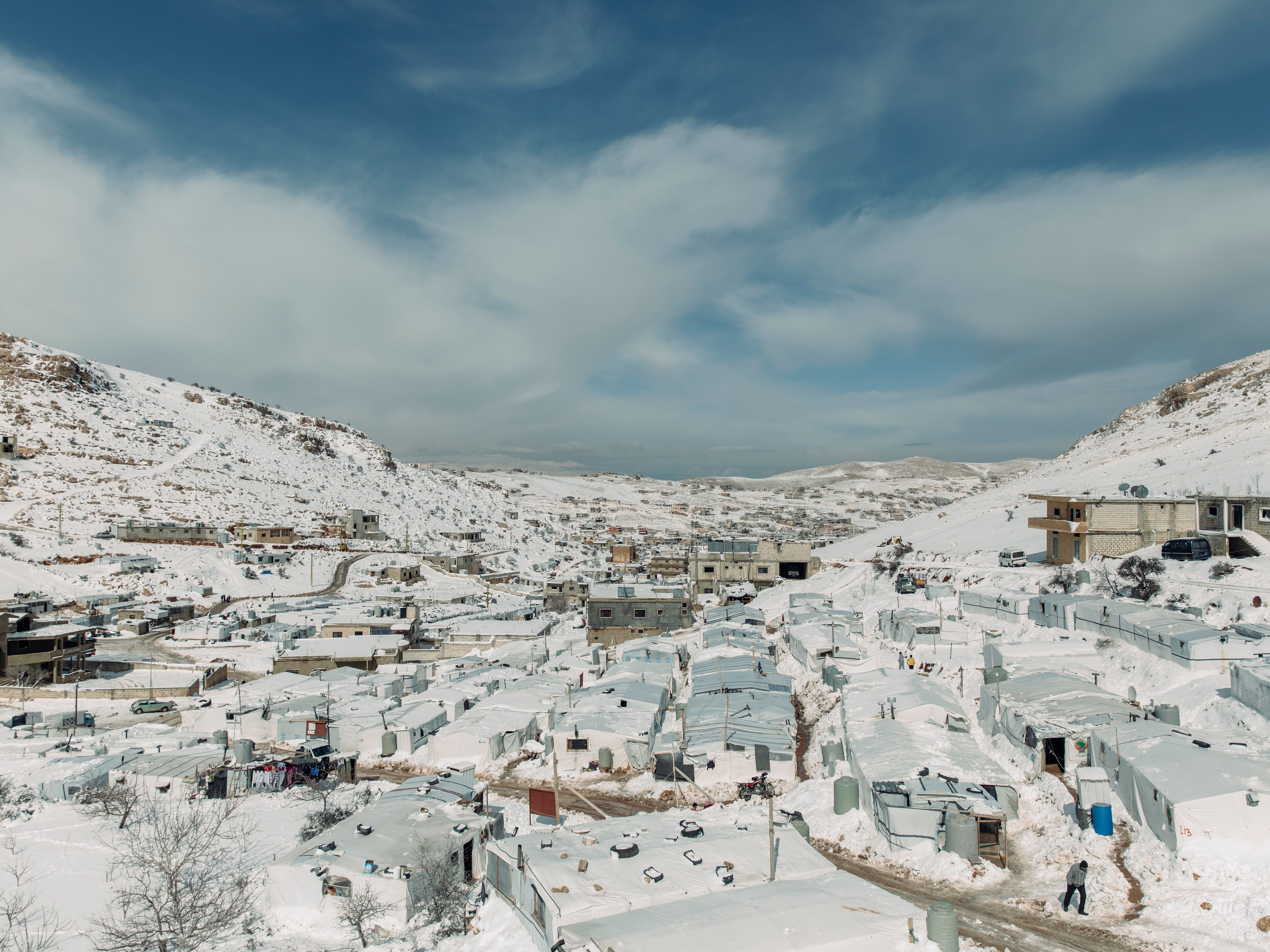 Snow in Arsal, Lebanon, home to 39,000 Syrian refugees displaced by civil war according to UNHCR in December 2019