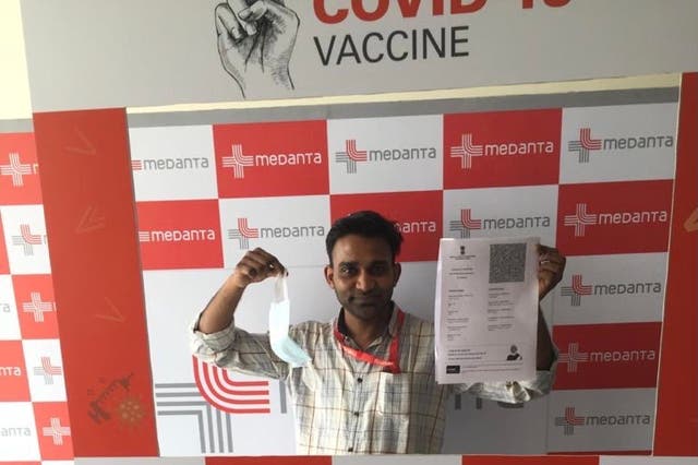 <p>Vipin Thomas, a frontline health worker, after getting his second Covid-19 vaccine shot</p>