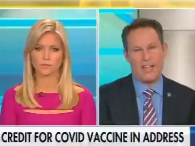 Brian Kilmeade, right,  co-host of Fox News’s Fox and Friends, expressed frustration that Joe Biden references the more than half a million Americans killed by the coronavirus because of how it makes Donald Trump look. 