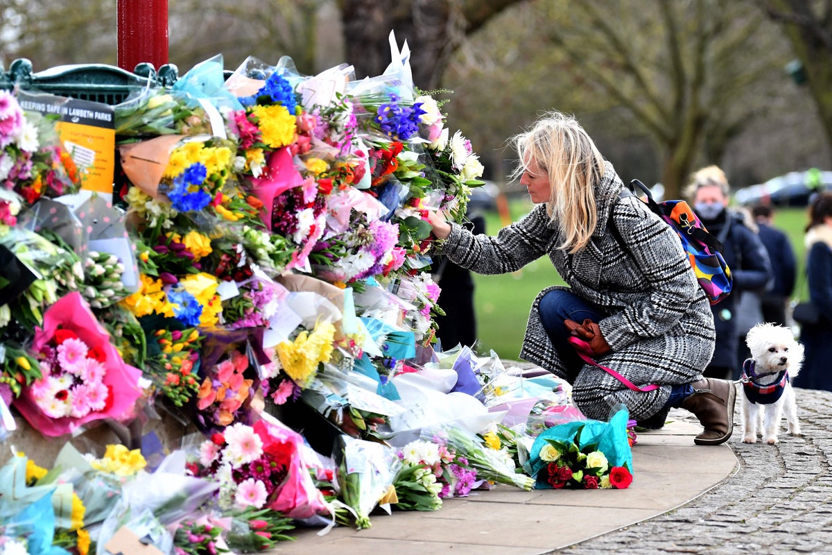 Flowers left in remembrance of Sarah Everard at Clapham Common