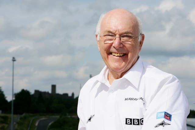 <p>Formula One commentator Murray Walker poses during practice for the European Grand Prix at Nurburgring</p>