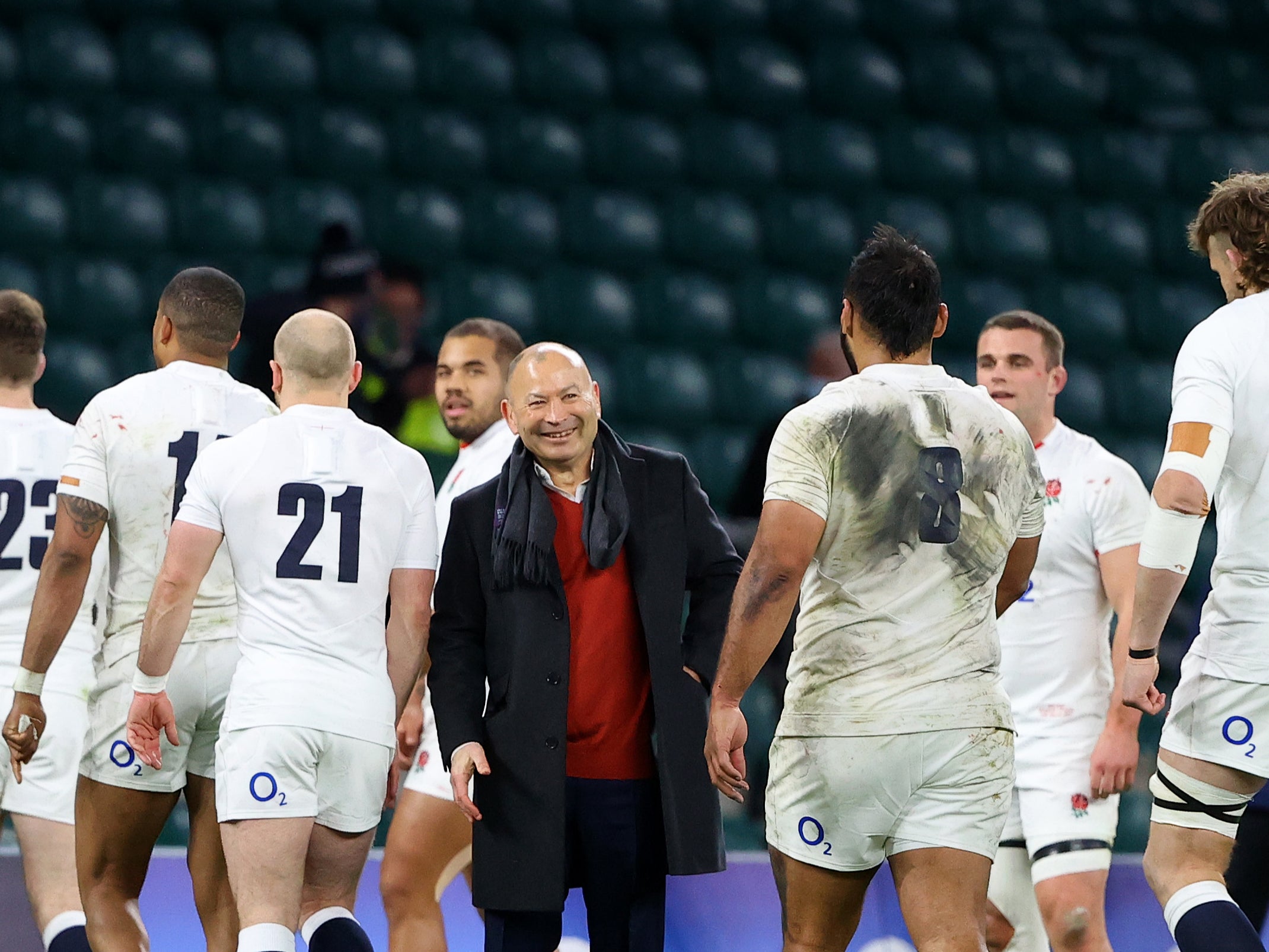 England coach Eddie Jones shows his delight at his team’s win against France