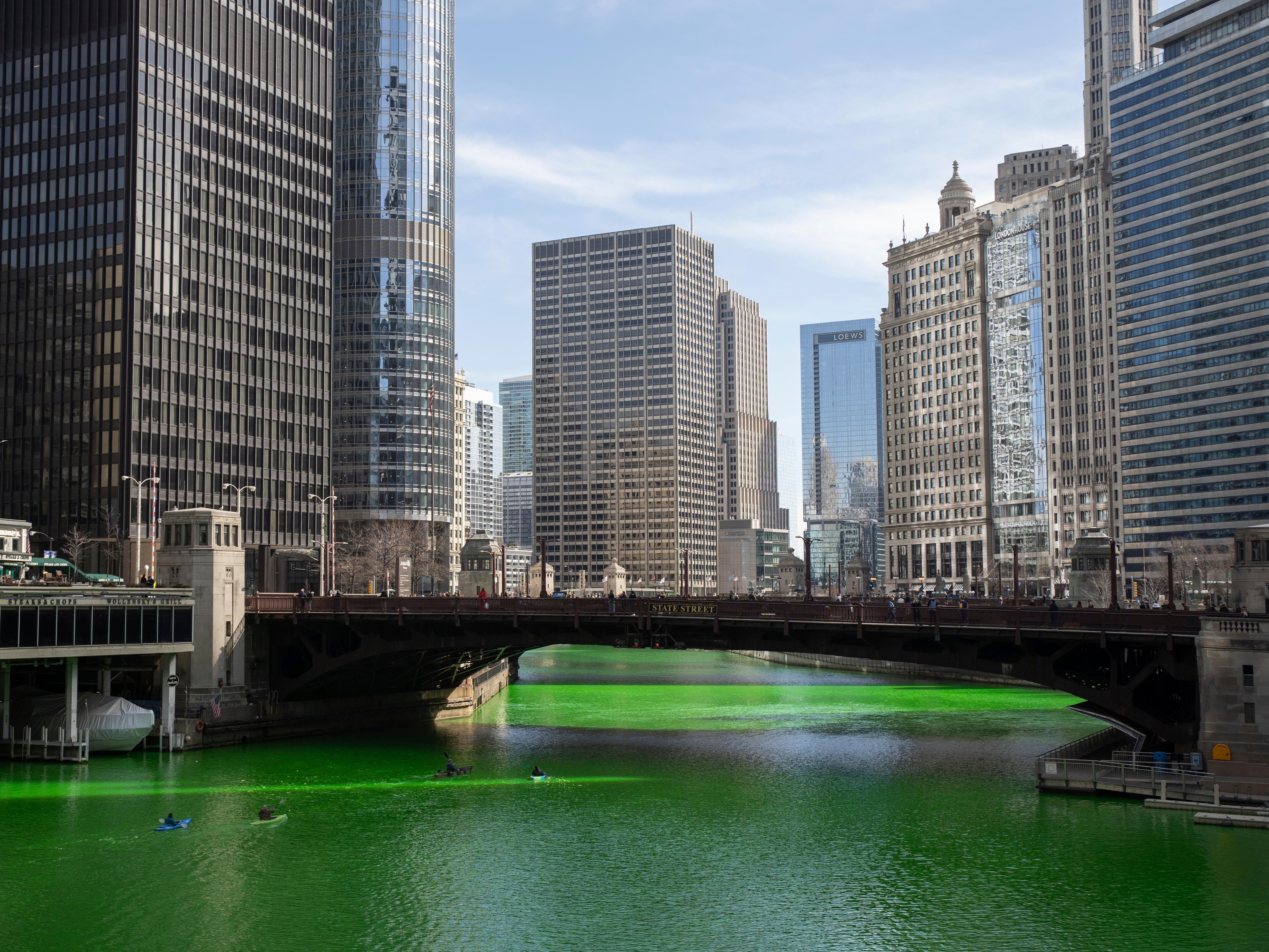 The Chicago River was dyed green ahead of St Patrick’s Day, Saturday, 13 March 2021 in Chicago