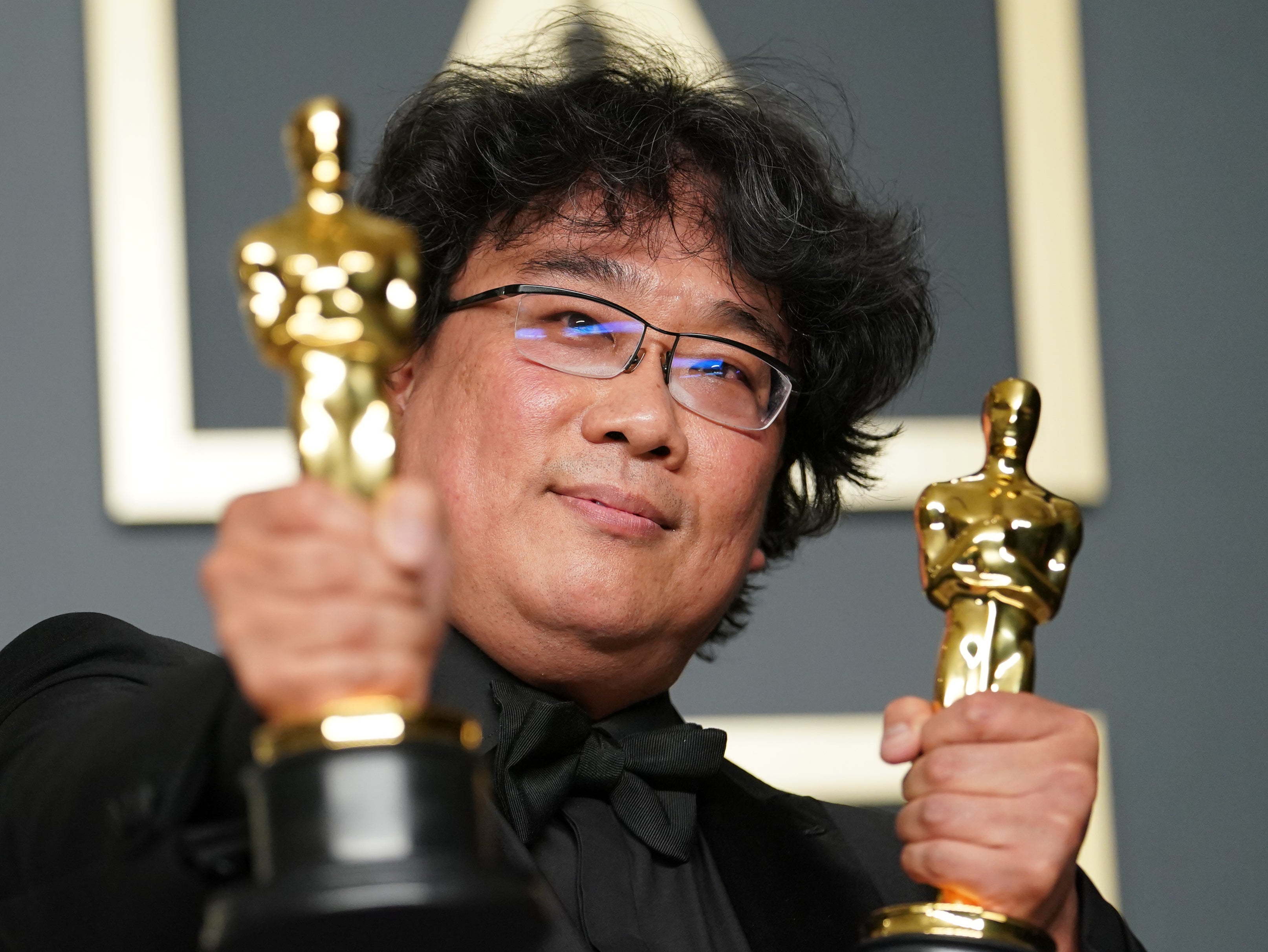 Hold tight: ‘Parasite’ director Bong Joon Ho at last year’s Academy Awards, which pulled the Oscars’ worst viewing figures – 23.6 million – since 1974