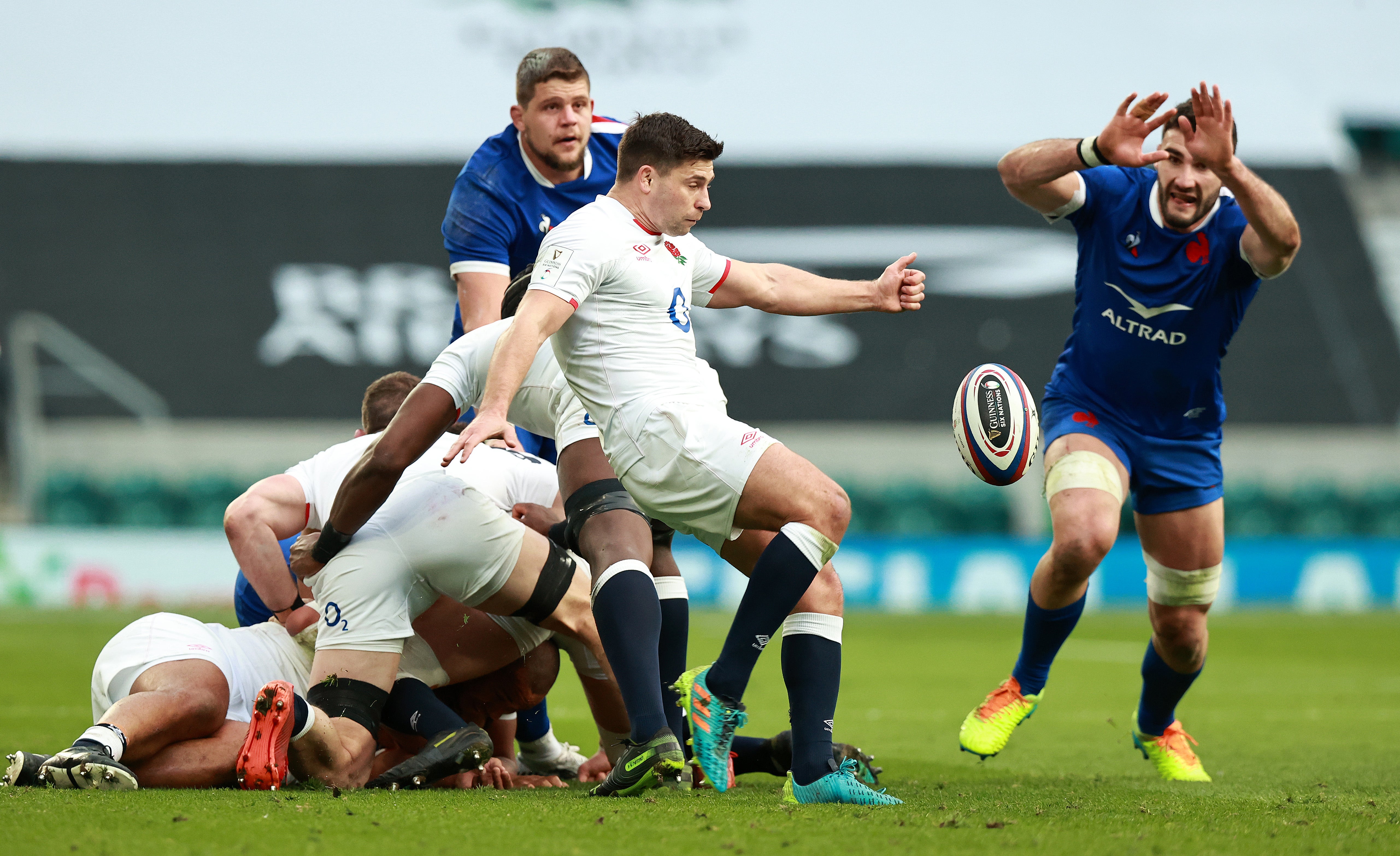 Ben Youngs kicks the ball upfield against France