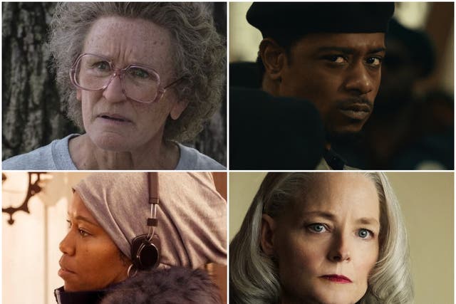 (clockwise from top left) Glenn Close in Hillbilly Elegy, Lakeith Stanfield in Judas and the Black Messiah, Jodie Foster in The Mauritanian and Regina King directs on the set of One Night in Miami...