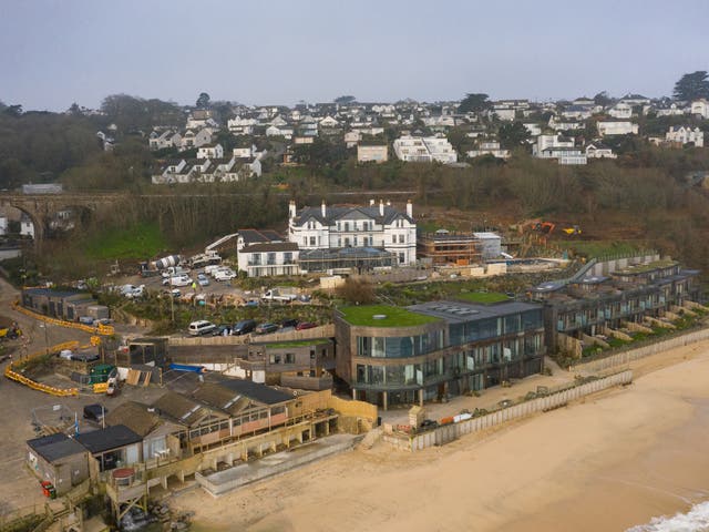 <p>The Carbis Bay Estate hotel and beach, set to be the main venue for the upcoming G7 summit, photographed by drone on 2 March 2021</p>