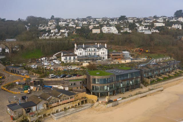<p>The Carbis Bay Estate hotel and beach, set to be the main venue for the upcoming G7 summit, photographed by drone on 2 March 2021</p>