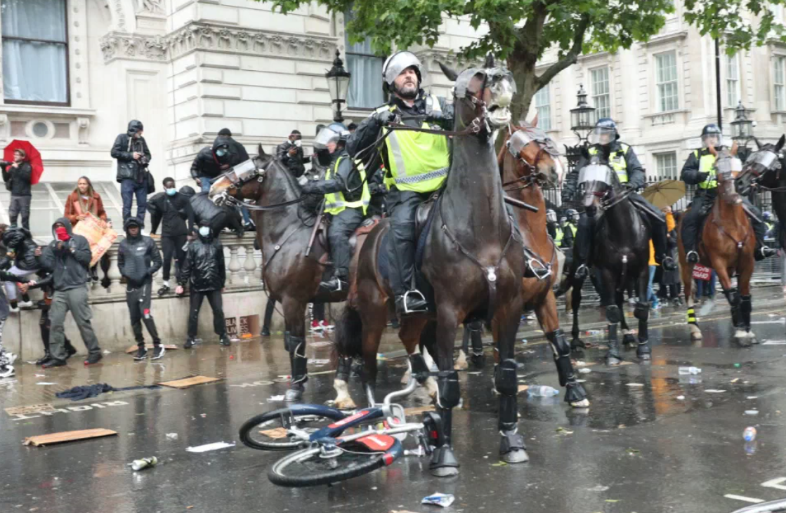 <p>A mounted policeman at a Black Lives Matter protest in London</p>