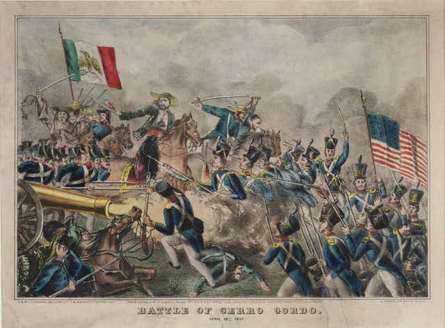 Esta litografía cortesía de la Biblioteca Beinecke de la Universidad de Yale, muestra una escena inspirada en la Batalla de Cerro Gordo de 1847.