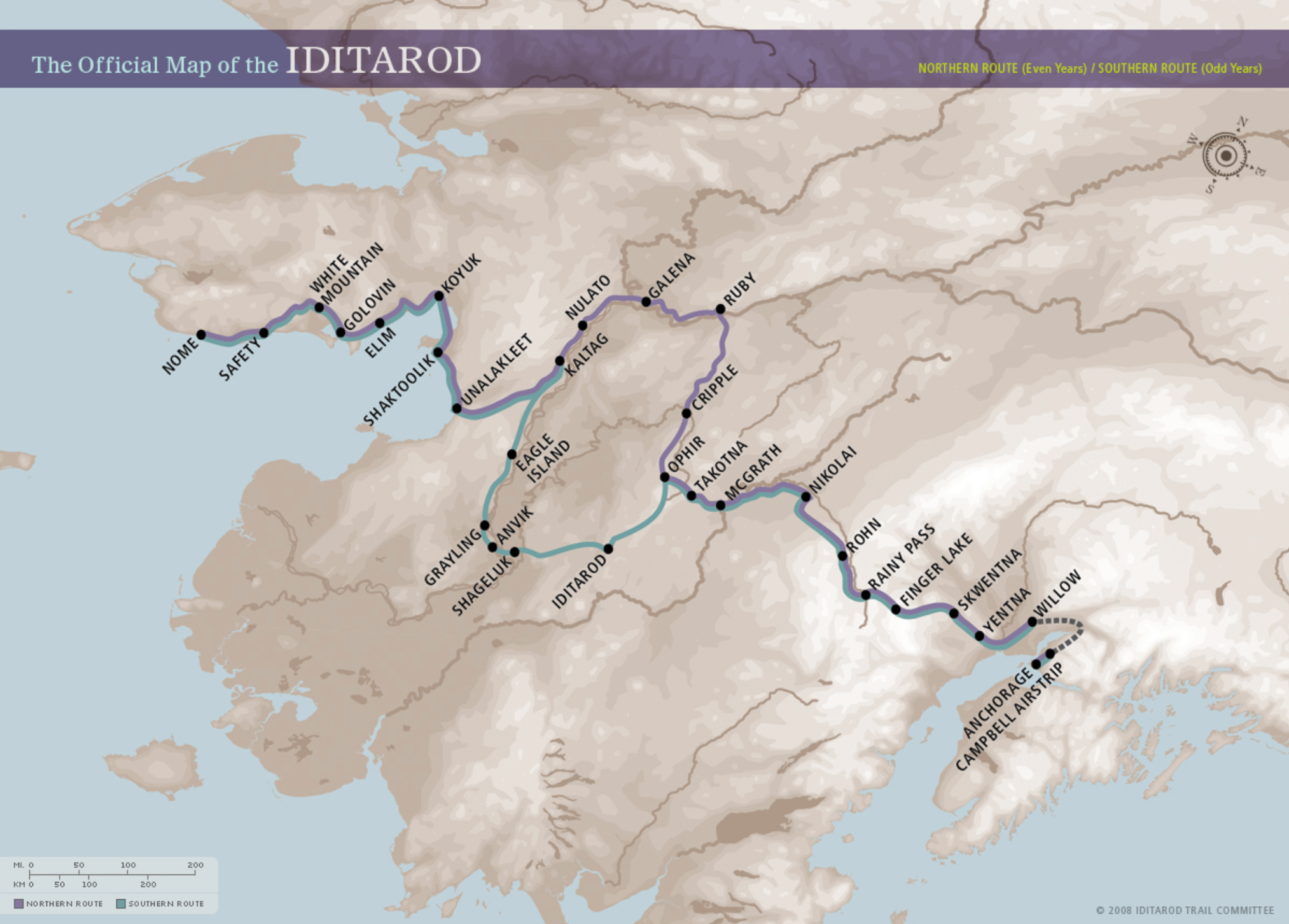 The typical Iditarod route which alternates between a northern and southern route each year