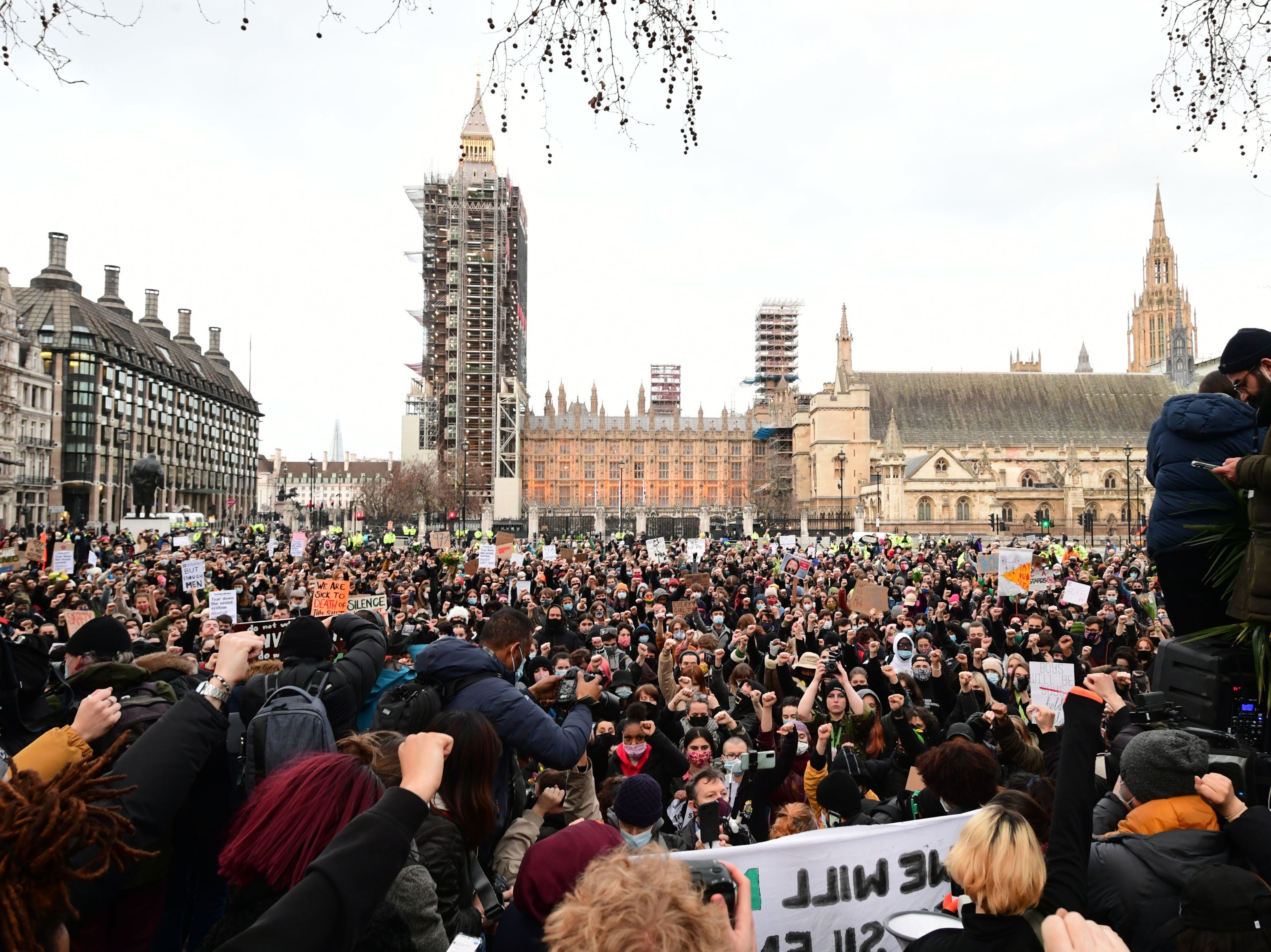 Demonstrators in Parliament Square, central London, during a protest in memory of Sarah Everard