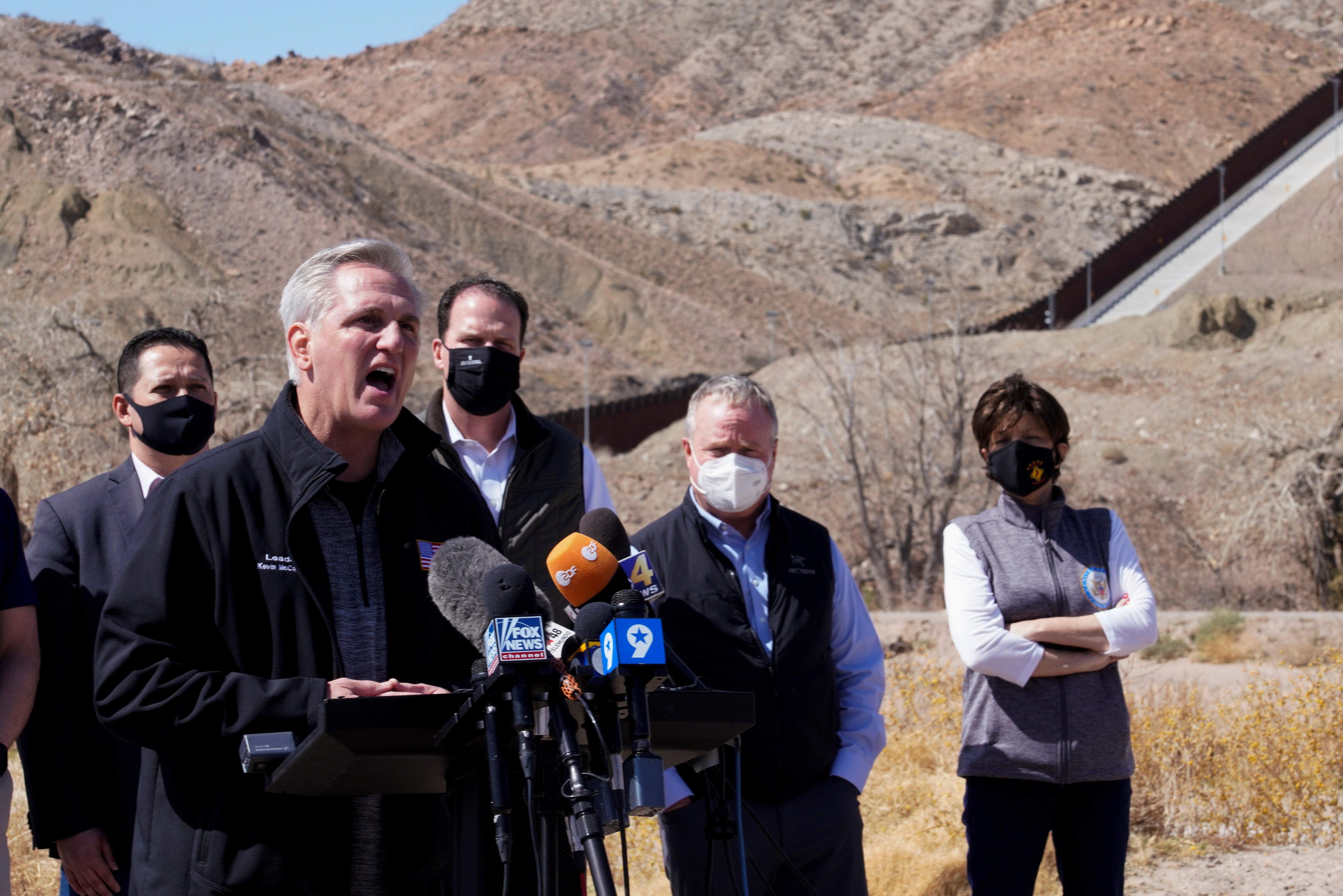 House Minority Leader Kevin McCarthy speaks to the press during a tour for a delegation of Republican lawmakers of the US-Mexico border, in El Paso