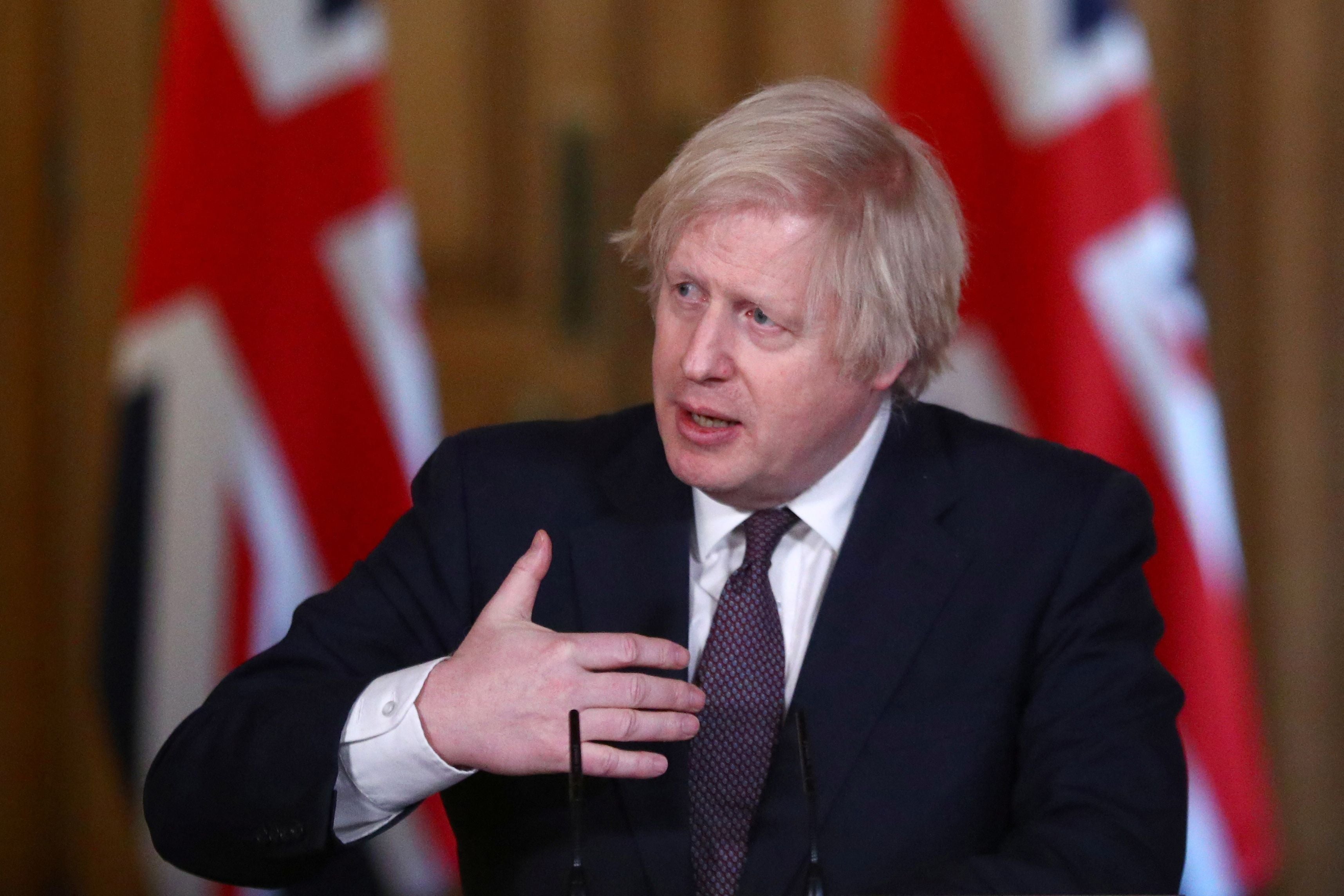 Boris Johnson during a virtual press conference inside 10 Downing Street on 8 March, 2021