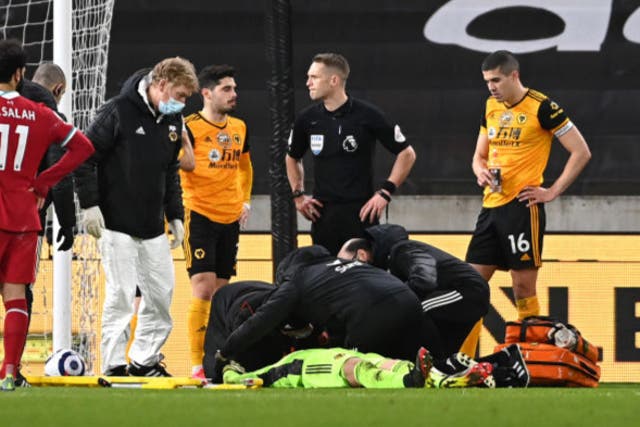 <p>Rui Patricio was carried off on a stretcher following his collision with Conor Coady</p>