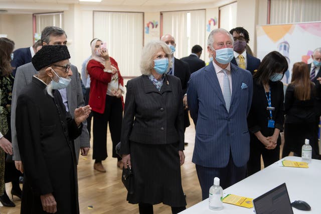 <p>Prince Charles and Camilla, Duchess of Cornwall, visit a vaccination pop-up centre at Finsbury Park Mosque in north London on 16 March</p>