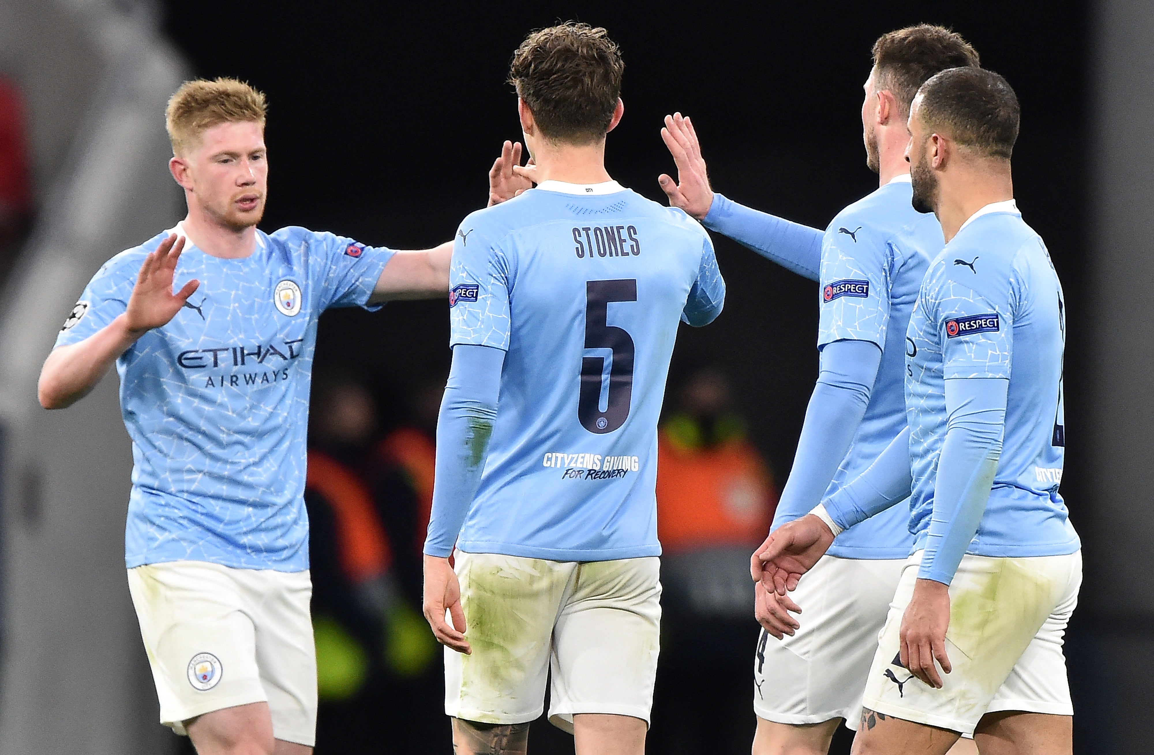 Kevin De Bruyne celebrates with teammates at the Puskas Arena in Budapest